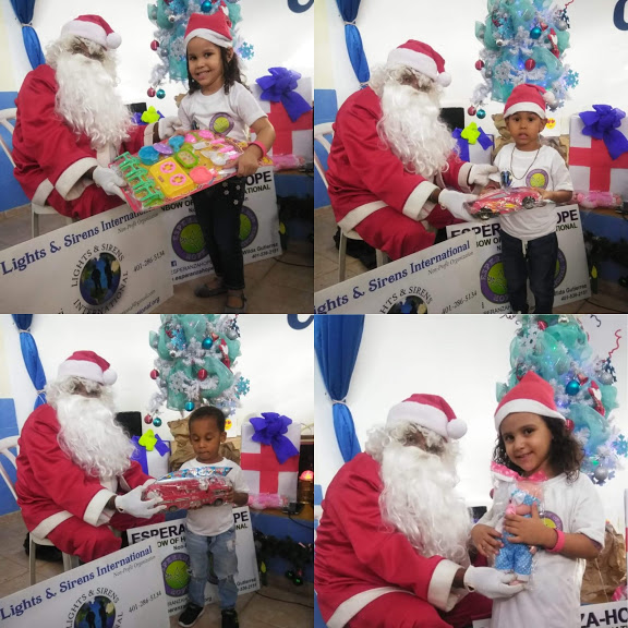 Photo collage of young girls and boys getting toys from Santa Claus