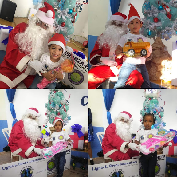 Photo collage of young children receiving toys from Santa Claus