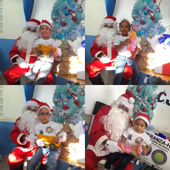 Photo collage of young girls and boys holding trucks and dolls from Santa Claus