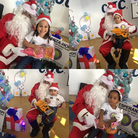 Photo collage of young children sitting with Santa Claus and holding their gifts