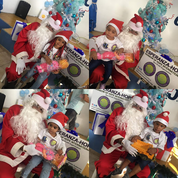 Photo collage of another group of children getting toys from Santa Claus