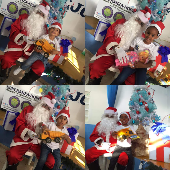 Photo collage of children getting toys from Santa Claus
