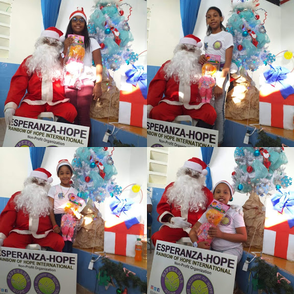 Photo collage of young girls receiving toys from Santa Claus