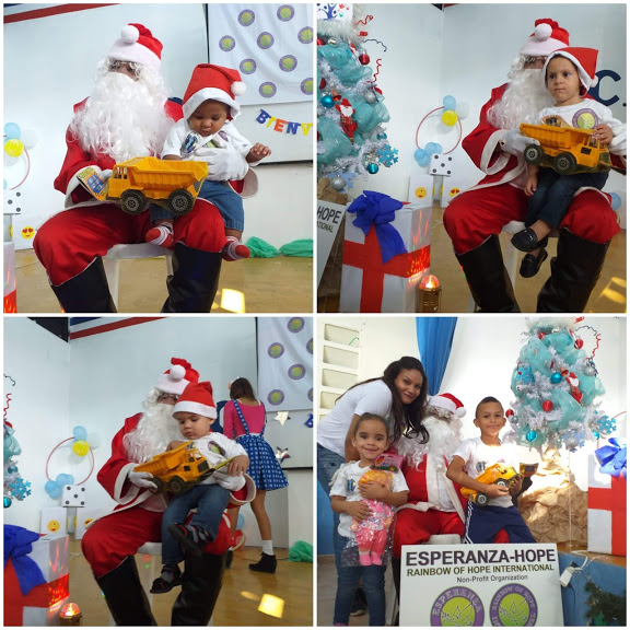 Photo collage of babies and young children sitting with Santa Claus and receiving gifts from him