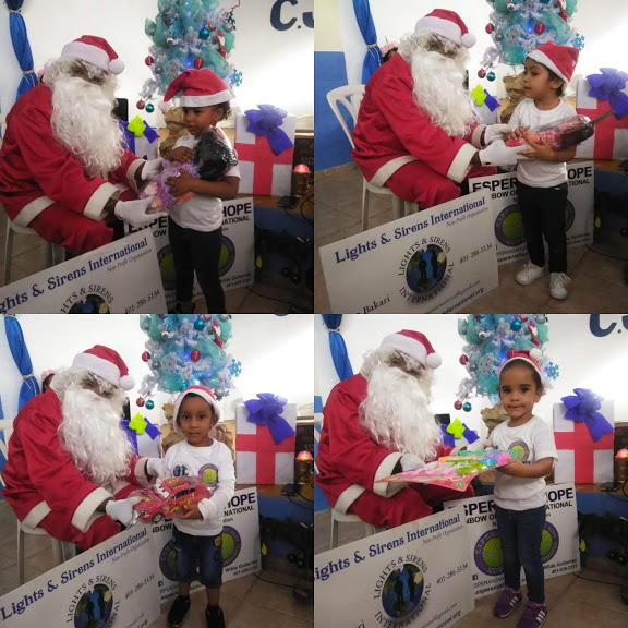 Photo collage of children receiving toys from Santa Claus