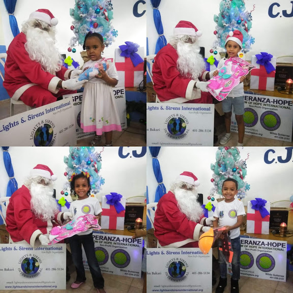 Photo collage of another group of little girls receiving toys from Santa Claus