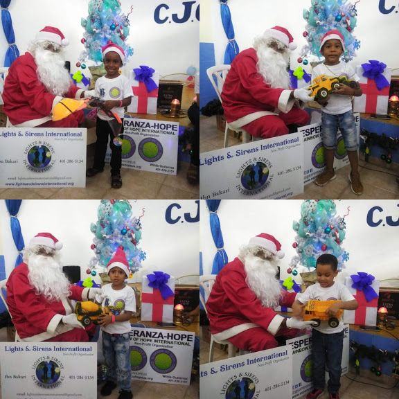 Photo collage of little boys receiving toys from Santa Claus
