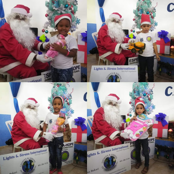 Photo collage of little girls receiving toys from Santa Claus