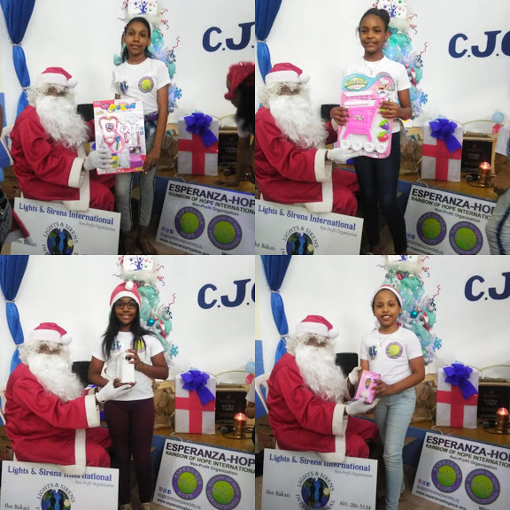 Photo collage of young girls receiving gifts from Santa Claus