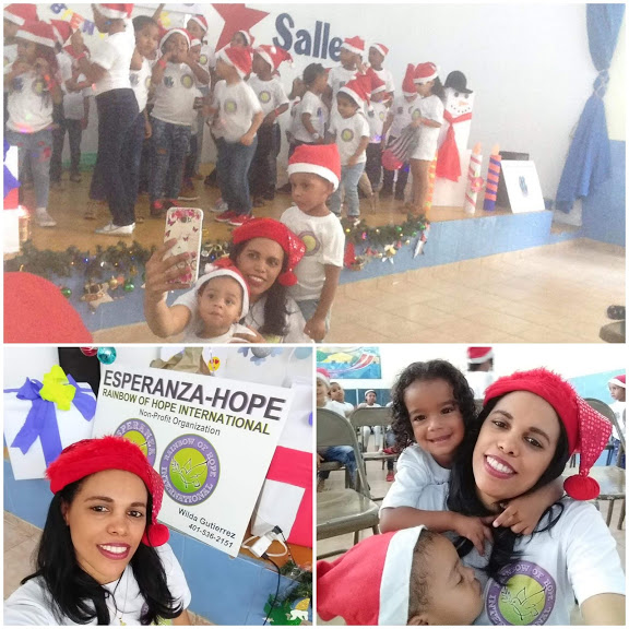 Photo collage of our female staff taking pictures with the children