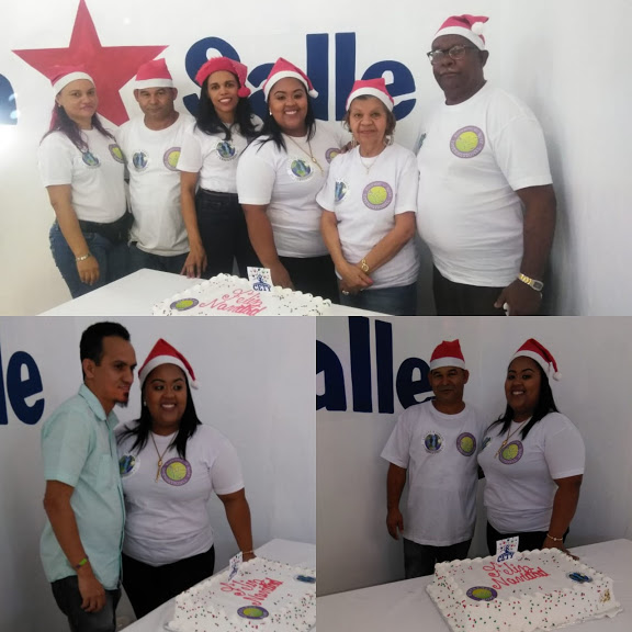 Photo collage of our staff posing with the cake
