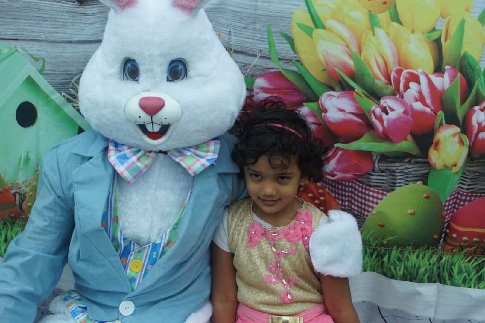 The bunny mascot together with a girl in a yellow and pink dress (2)