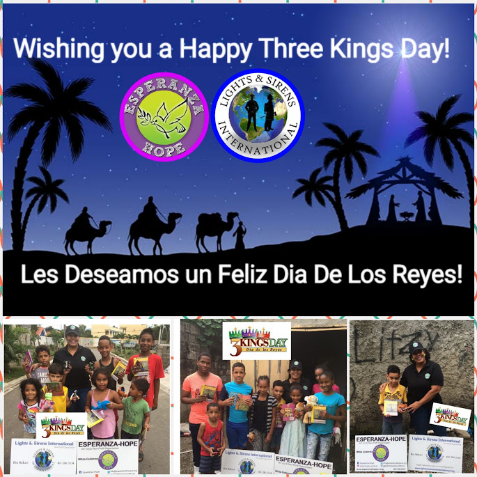 Collage of children holding toys and the text, “Wishing you a Happy Three Kings day!”
