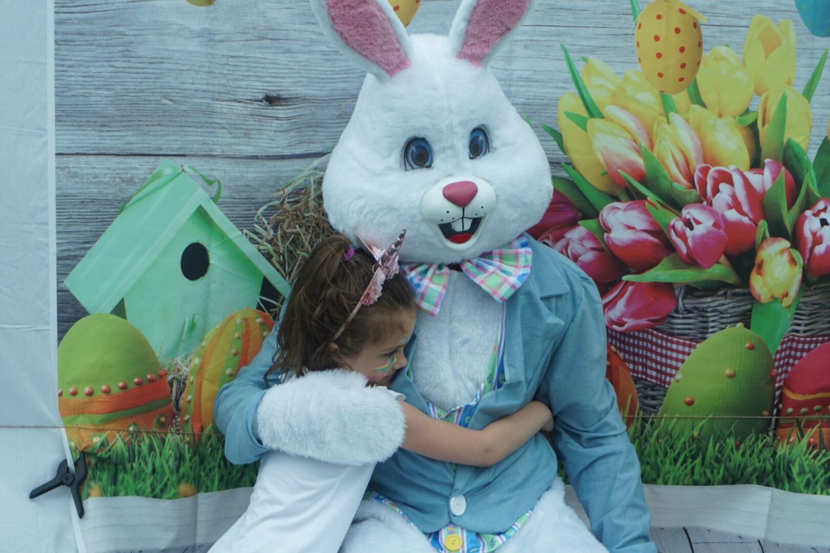 A girl with a face paint and unicorn headband hugging the bunny mascot (1)