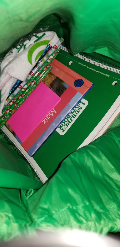 Notebooks, books, pencils, and a towel inside the bag