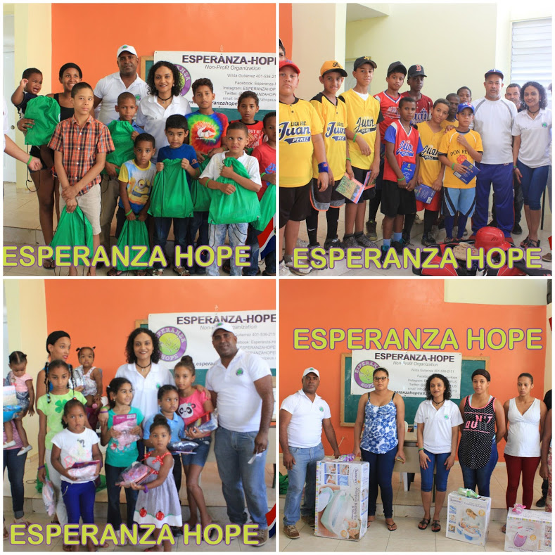 A collage of children getting toys and books and mothers getting baby supplies