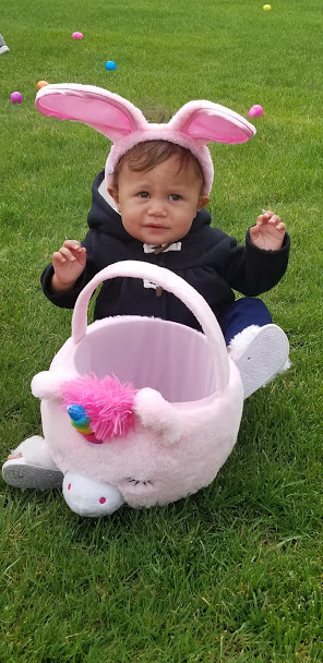 A baby with bunny ears and unicorn basket sitting on the grass