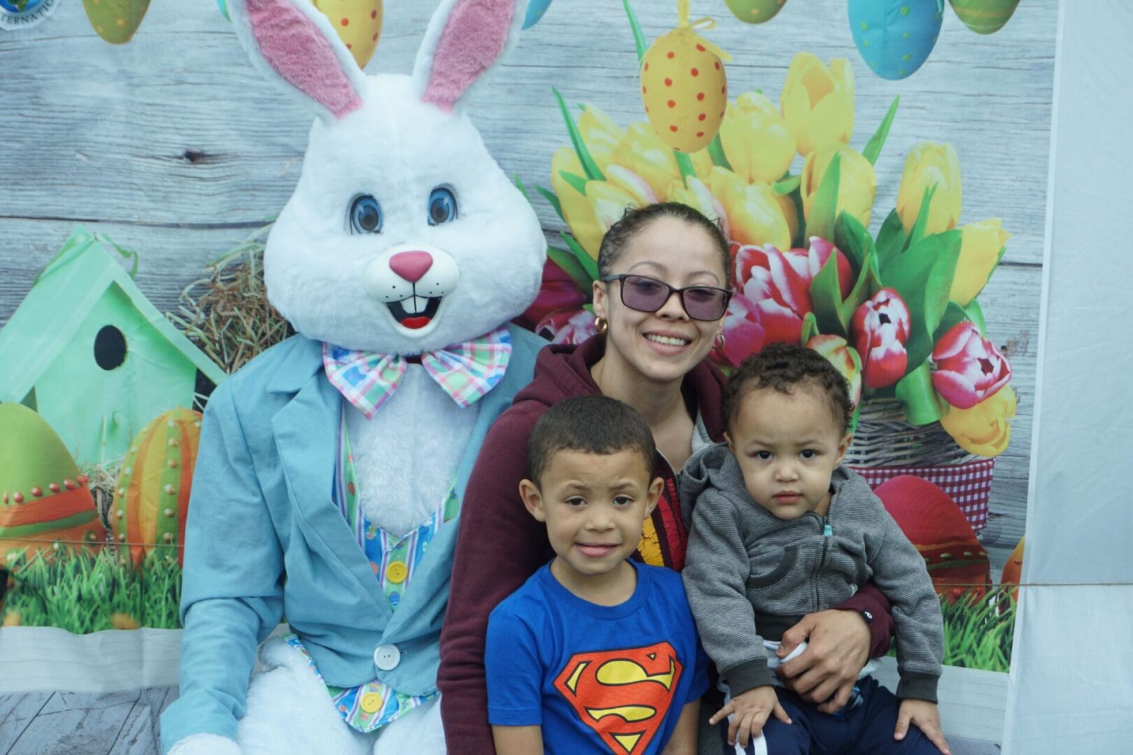 The bunny mascot and a mother with her two boys