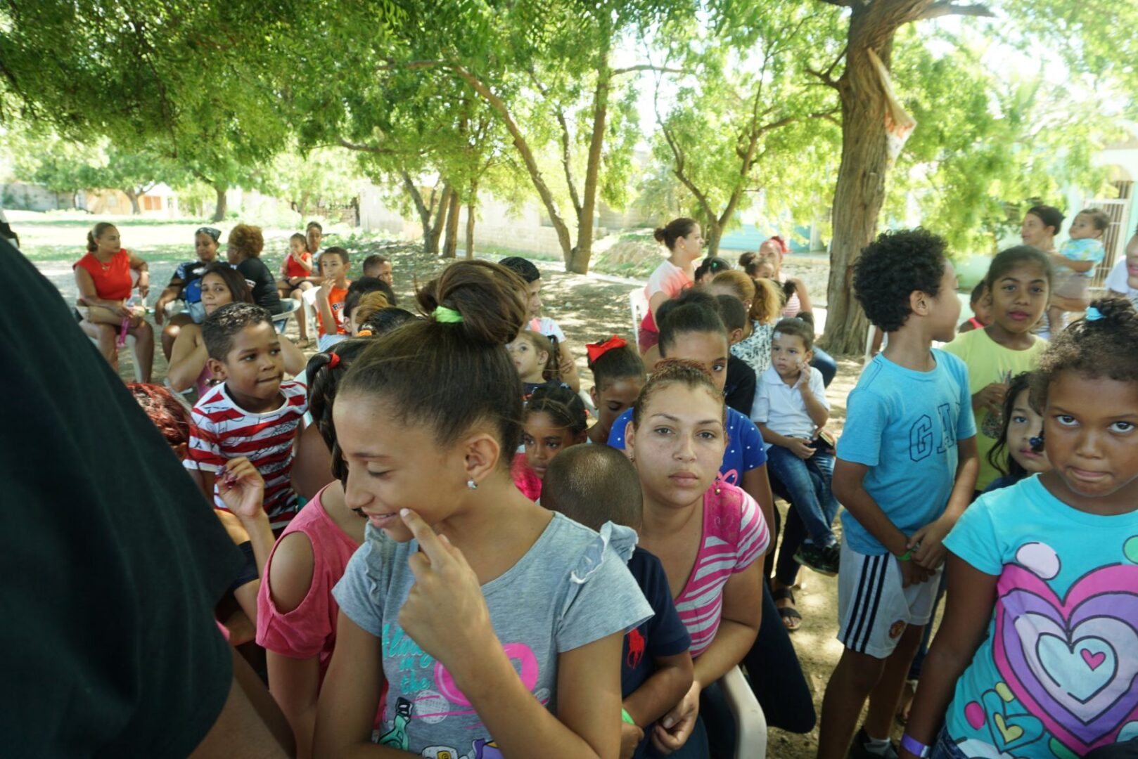 A crowd of children and their parents sitting and standing in the shade of the trees