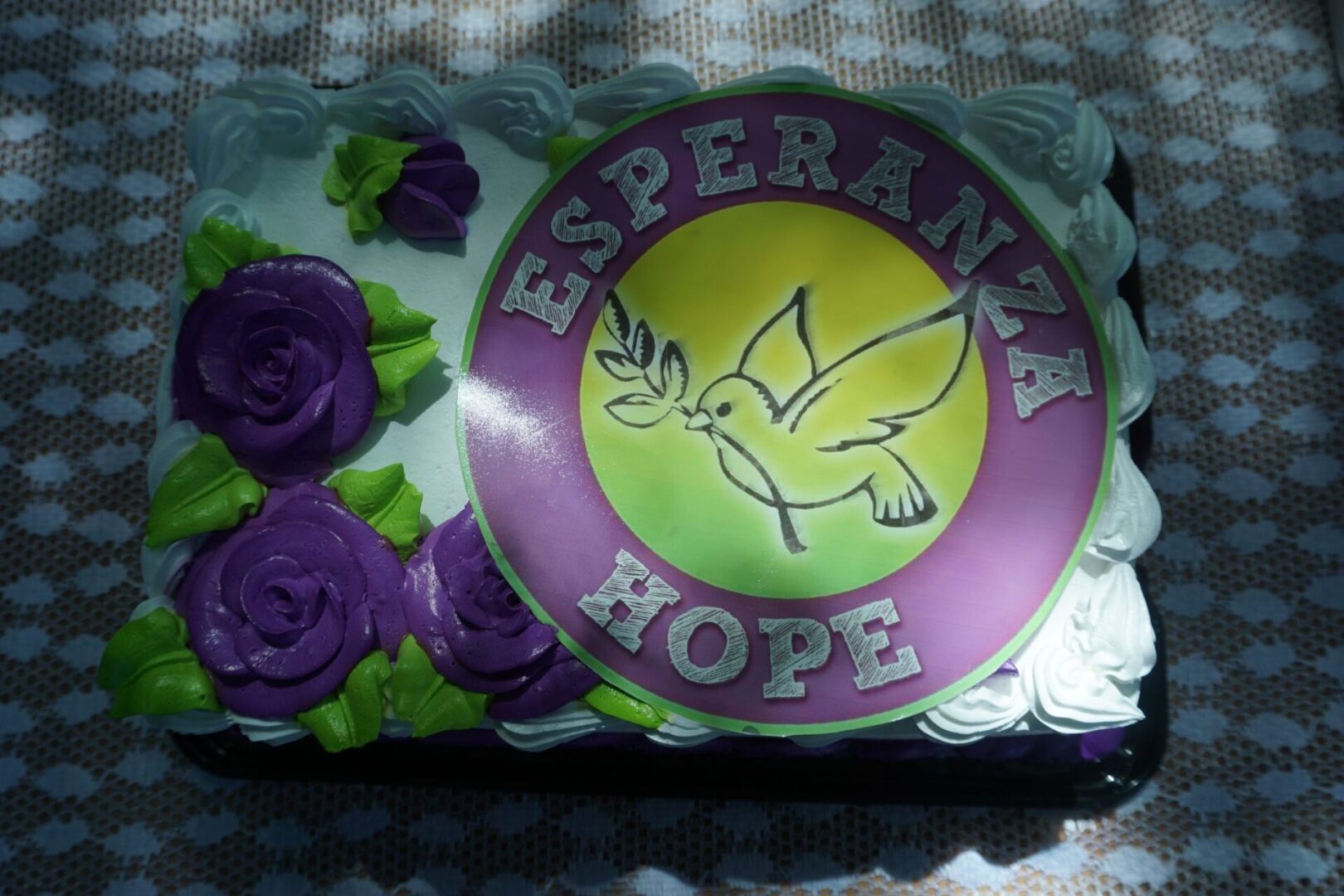 A blue cake with purple flowers and the Esperanza-Hope logo