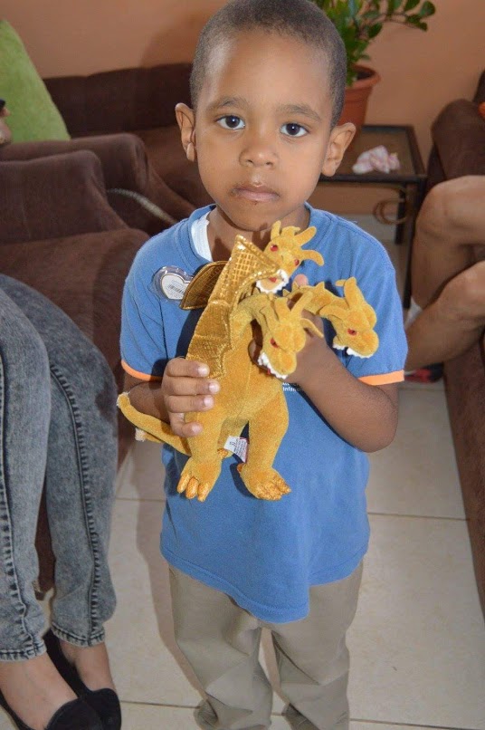 A boy holding a stuffed toy of a three-headed dragon