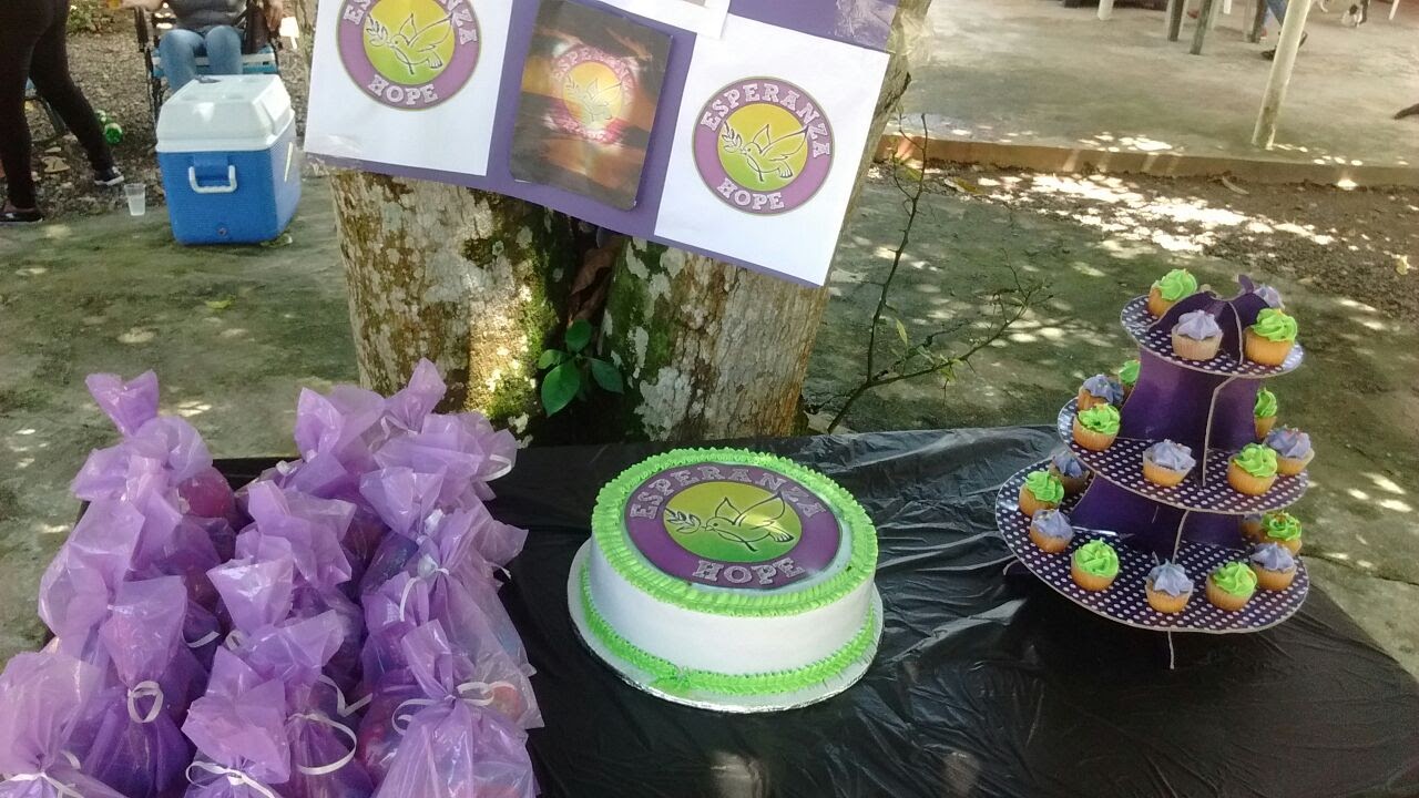 A cake, cupcakes, and bags of freebies placed on a table