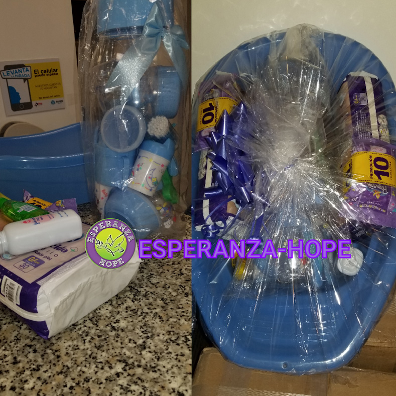 A collage of the blue basket and the baby supplies it contain
