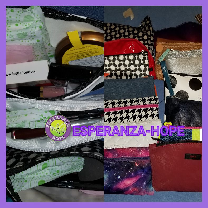 A collage of pouches for with pads and basic cosmetics