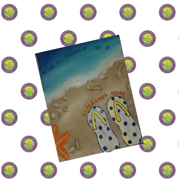 Painting of a seashore with slippers on the sand with text and the org’s logo as background